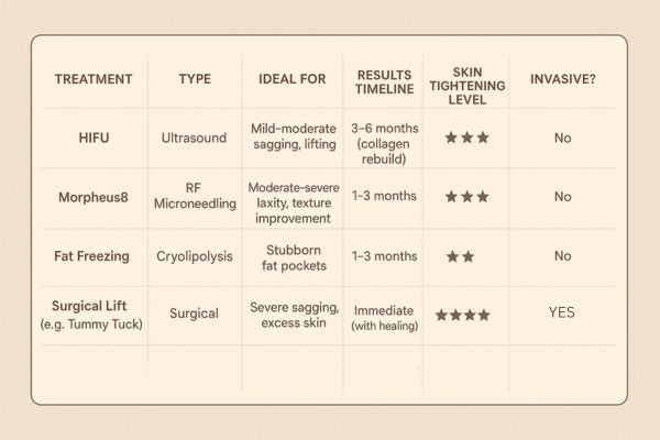 Table showing the comparisons of Skin tightening South Shields treatment options. 